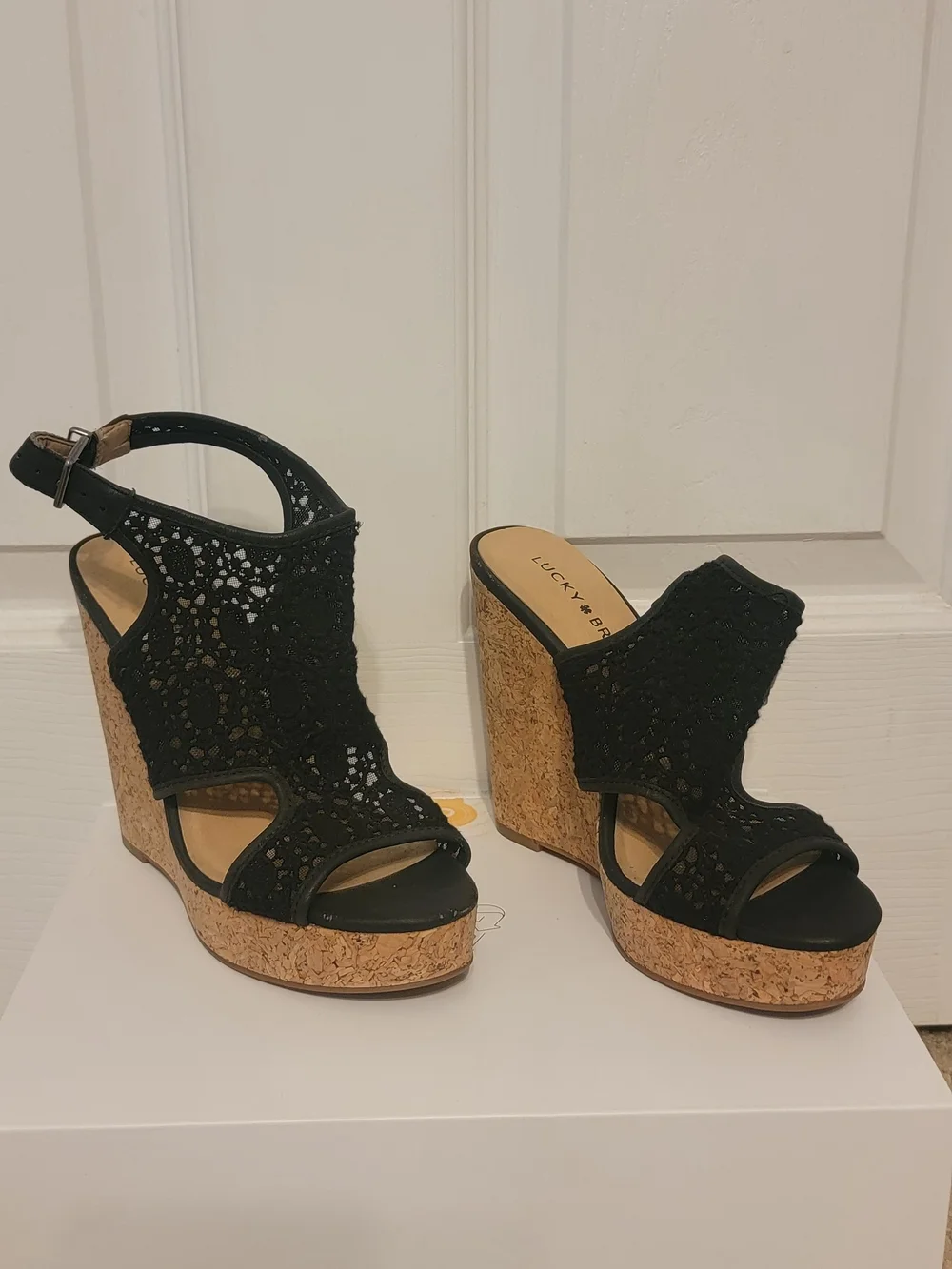 Lucky Brand Black Crochet Cork Wedge Sandals